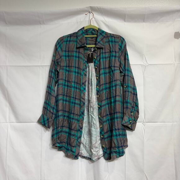 Tolani Collection Teal Gray Plaid Niecy Button Down Sz XXSP NWT - Picture 2 of 15